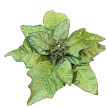 Load image into Gallery viewer, Velvet Poinsettia Flower Clip. Glittered Edge. Green. 21cm