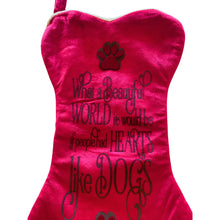 Load image into Gallery viewer, Christmas Stocking Dog. Red Velvet Suede.

