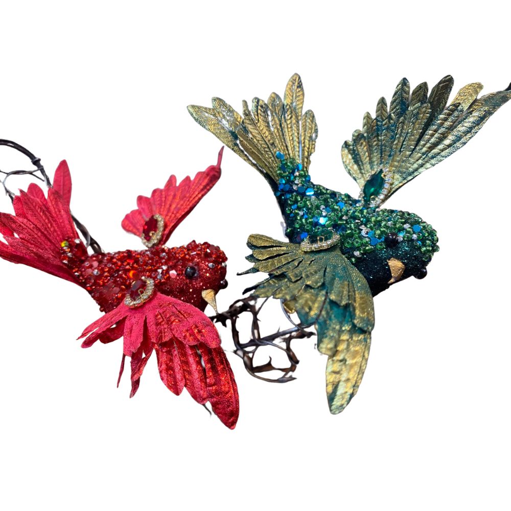 Sequined Bird on Clip. Peacock or Christmas Red.