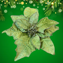 Load image into Gallery viewer, Velvet Poinsettia Flower Clip. Glittered Edge. Green. 21cm
