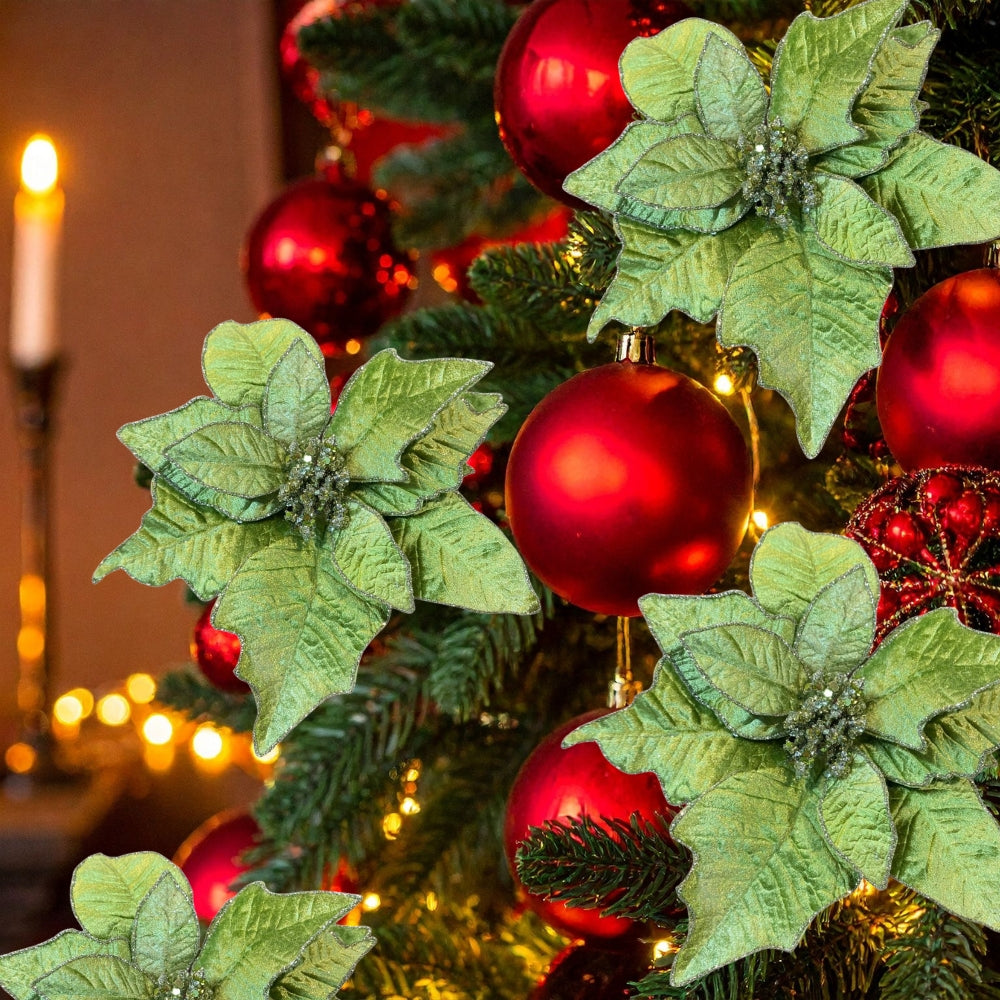 Velvet Poinsettia Flower Clip. Glittered Edge. Green. 21cm