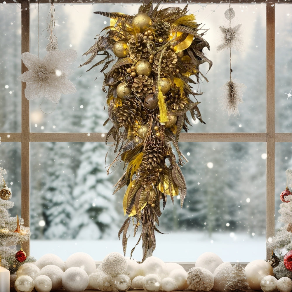Deluxe Faux Feather Door Wall Swag.Gold,Natural with Lights. 90cm