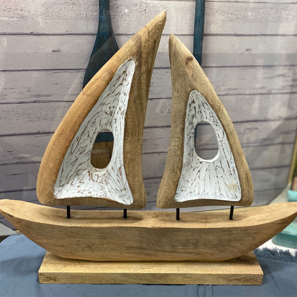 Hamptons Hand Carved Solid Mango Wood Sail Boat