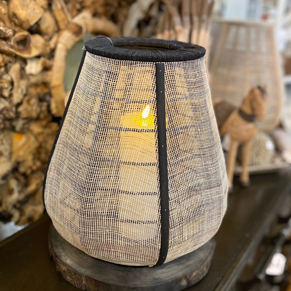 Large Linen Look Candle Lantern with Glass Insert.