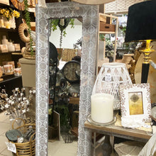 Load image into Gallery viewer, Antique White Filigree Metal Freestanding Full Length Mirror with Stand.
