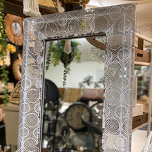 Load image into Gallery viewer, Antique White Filigree Metal Freestanding Full Length Mirror with Stand.
