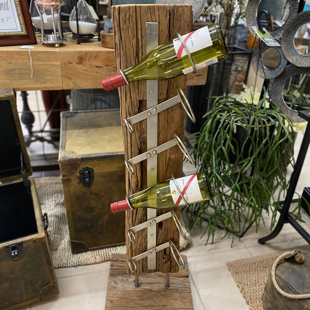 Rustic Wooden Tall Wine Bottle Rack with Stainless Steel Holders- 6 Bottles