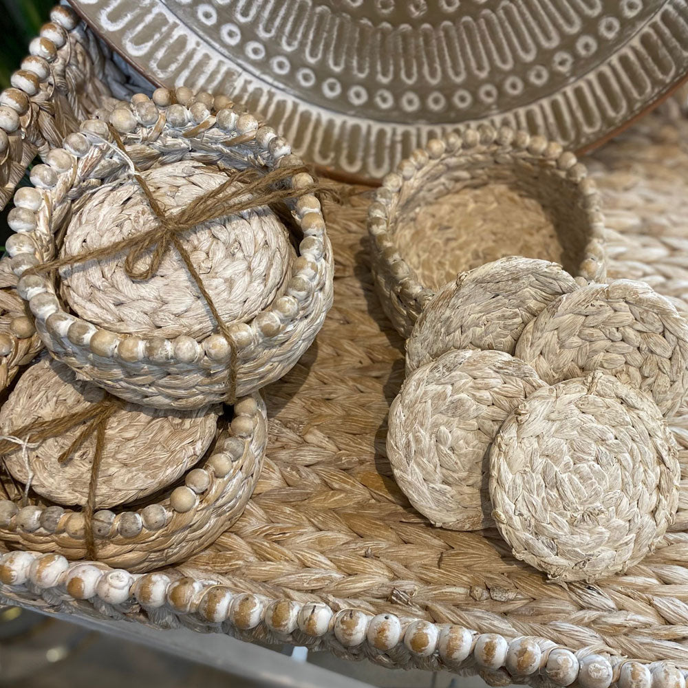 Rattan & Timber Coaster Set with Basket. Whitewash or Natural.