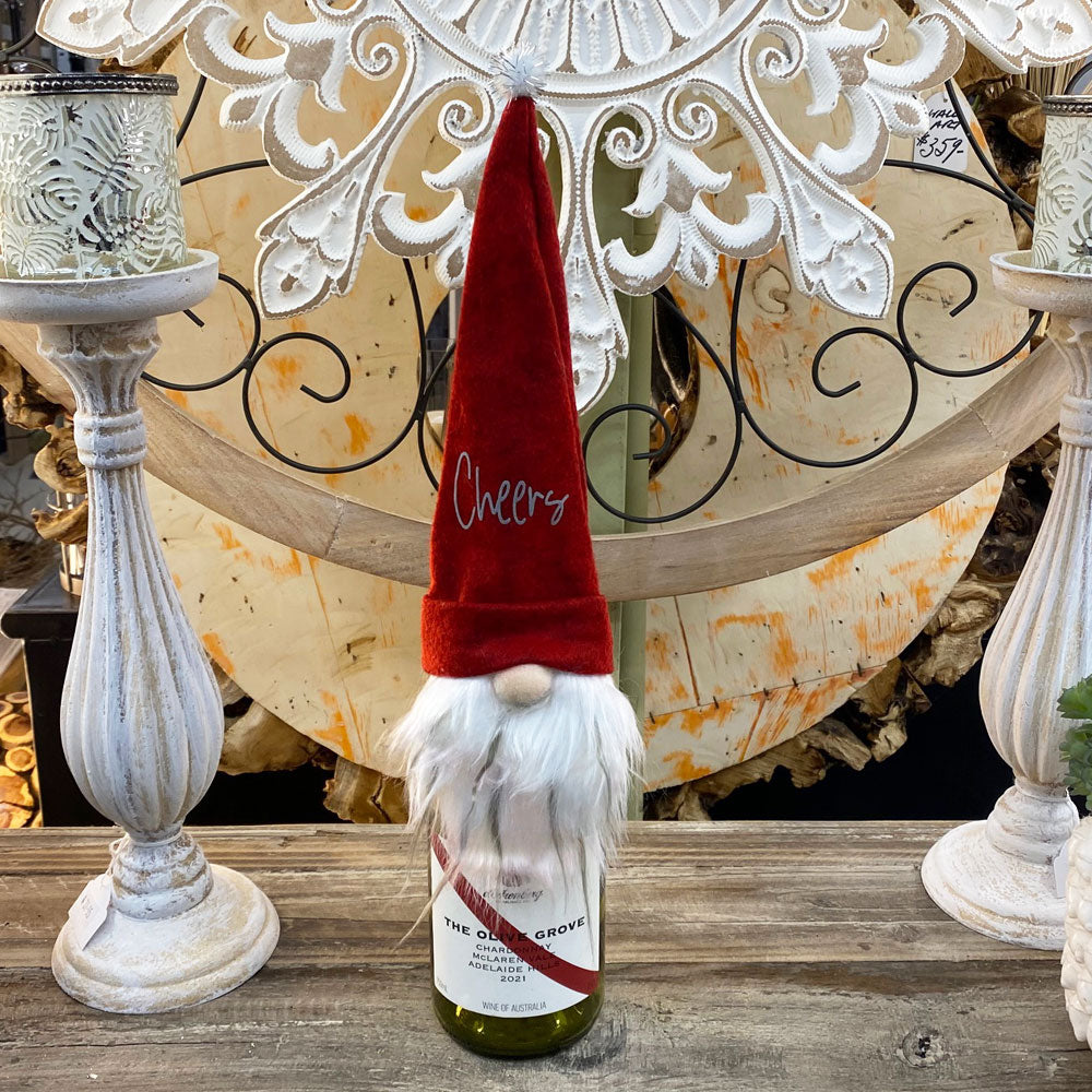 Santa Cheers Gnome Bottle Topper. 33cm